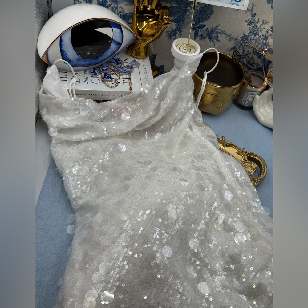🆕 RAT & BOA 🧿 NWOT Evangeline Ivory Glistening Paillettes & Sequins Dress Sz L - Picture 13 of 17